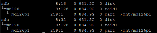 Ausgabe von lsblk mit den isw_raid_members, dem MD-RAID sowie dessen erstellte Partition.